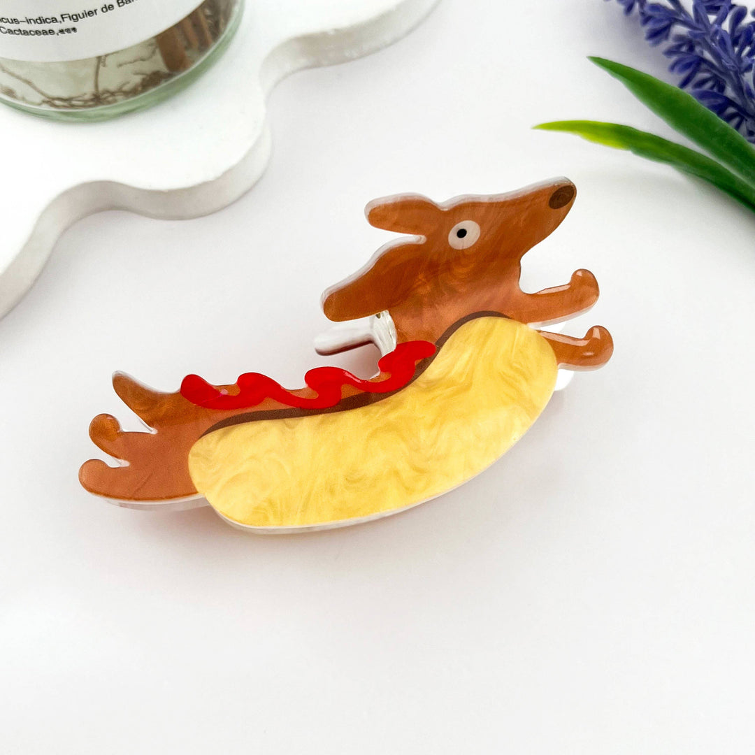 Hotdog-Dackel Acryl-Haarklammer – verspielt-kulinarisch