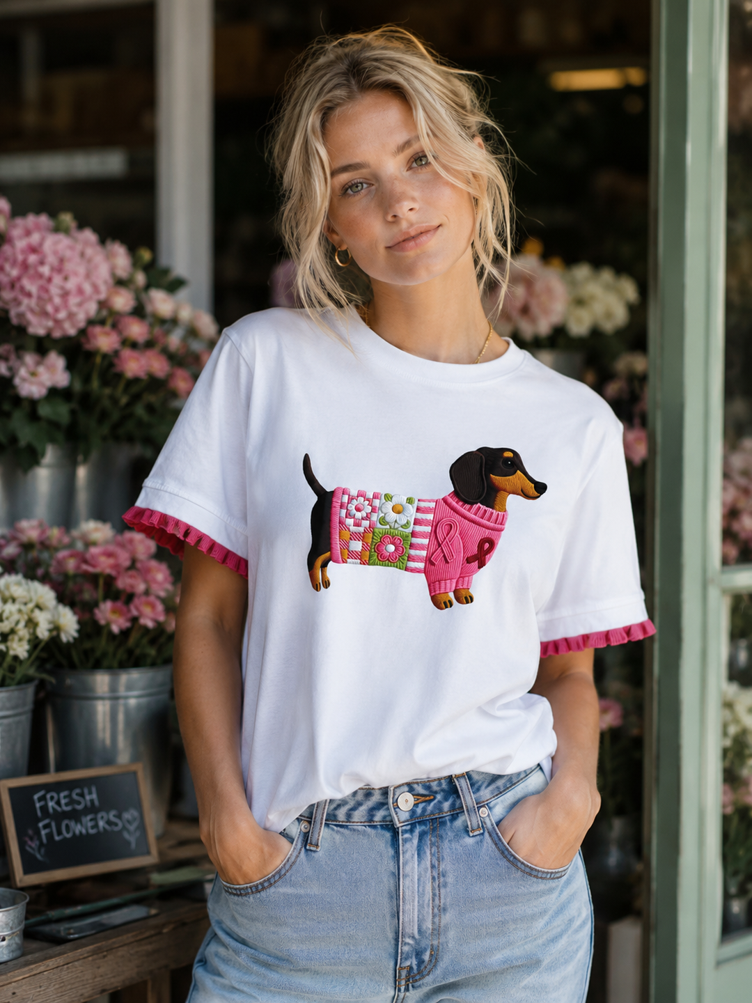 Weißes T-Shirt mit Rüschen – Dackel im Pullover [Z8535]