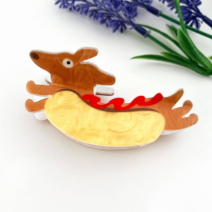 Hotdog-Dackel Acryl-Haarklammer – verspielt-kulinarisch